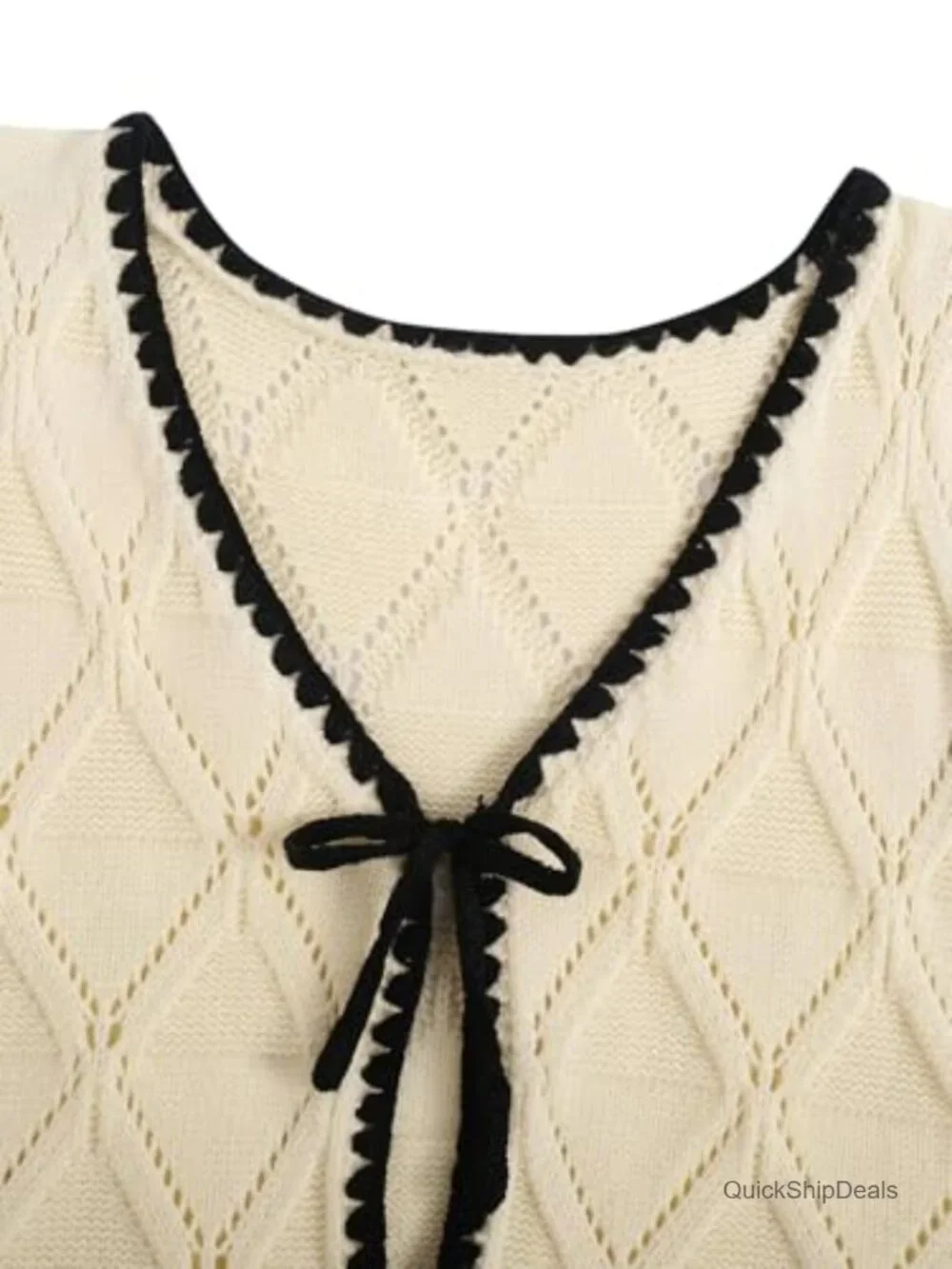 Crochet Knit Sweater Vest Bow Tie V-Neck Sleeveless Contrast Binding Top